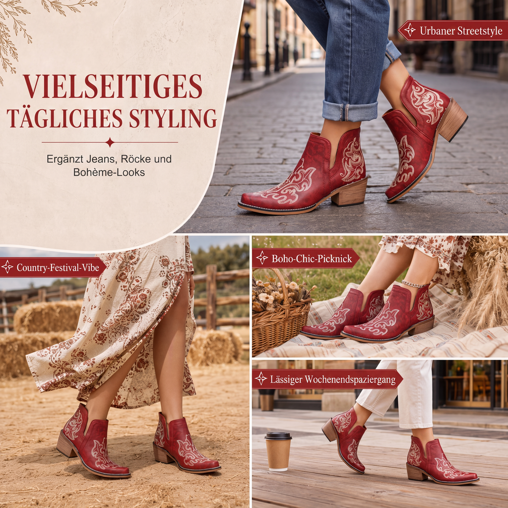 Retro V-Ausschnitt Blockabsatz Martin-Stiefel für Damen, große Größen, einfarbige und mit Blumenmuster bedruckte Stiefeletten für Herbst und Winter