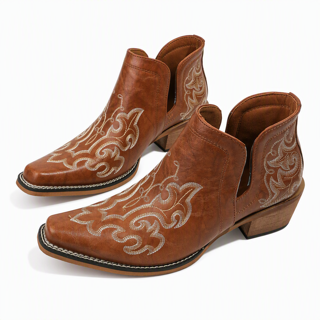 Retro V-Ausschnitt Blockabsatz Martin-Stiefel für Damen, große Größen, einfarbige und mit Blumenmuster bedruckte Stiefeletten für Herbst und Winter