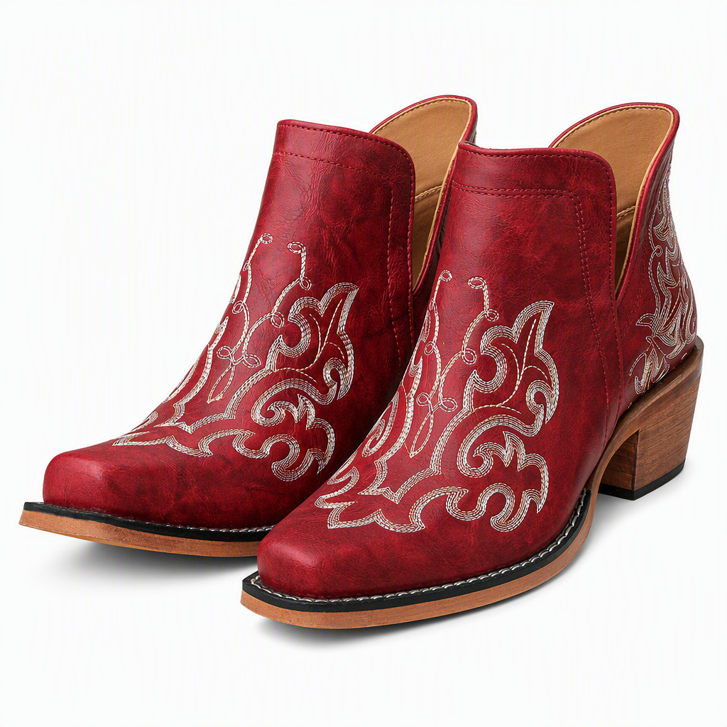 Retro V-Ausschnitt Blockabsatz Martin-Stiefel für Damen, große Größen, einfarbige und mit Blumenmuster bedruckte Stiefeletten für Herbst und Winter