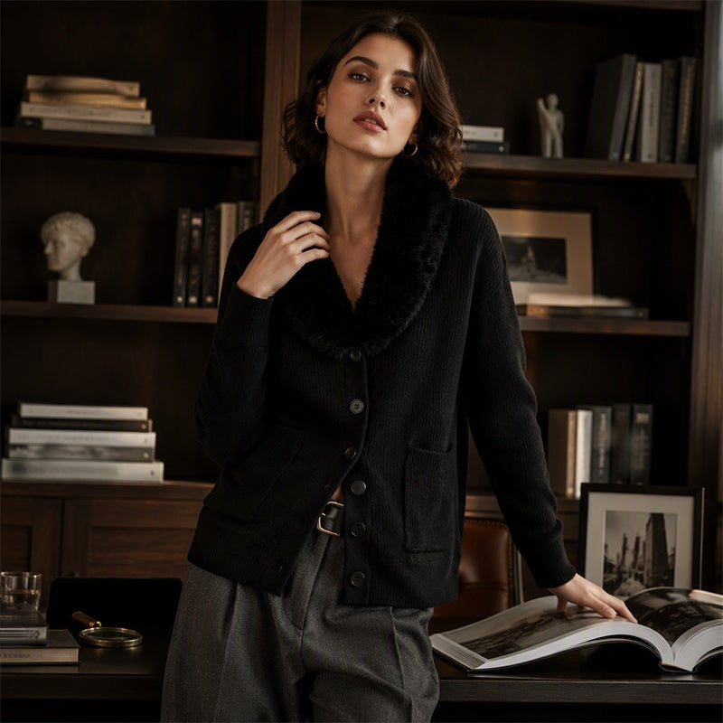 Damen Strickcardigan mit Pelzkragen