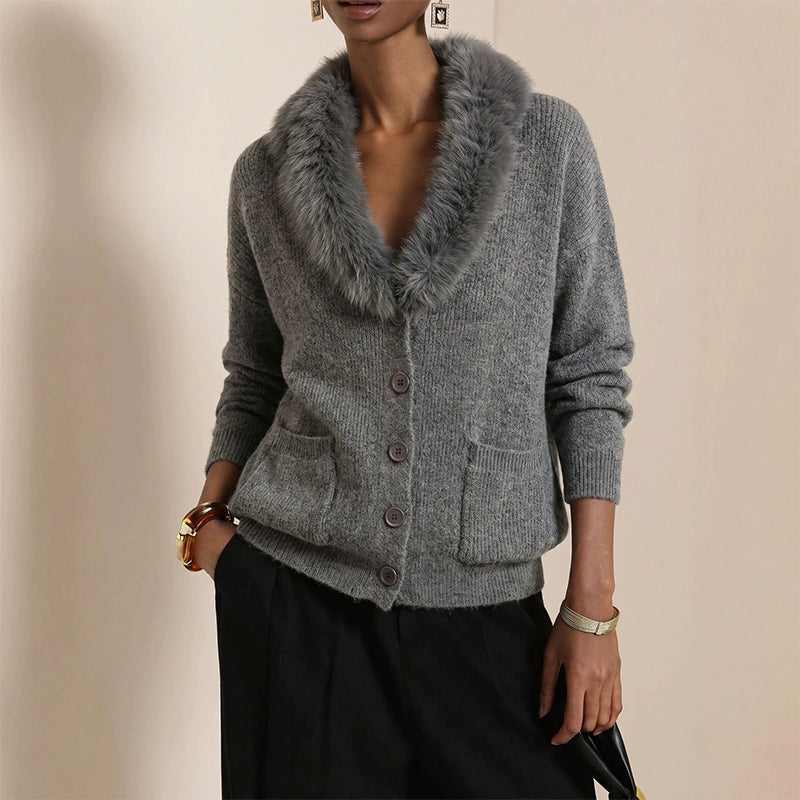Damen Strickcardigan mit Pelzkragen