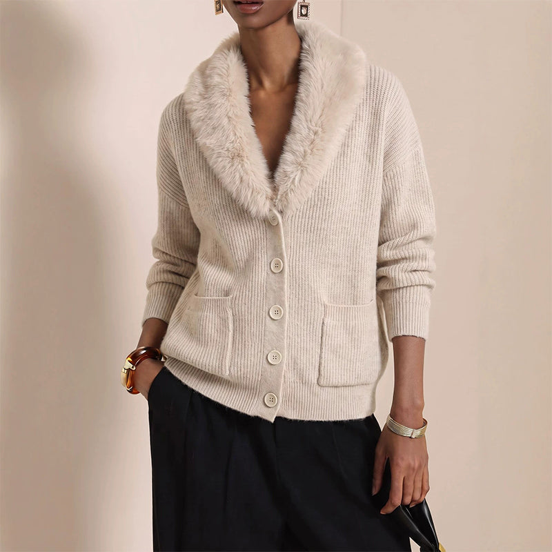 Damen Strickcardigan mit Pelzkragen