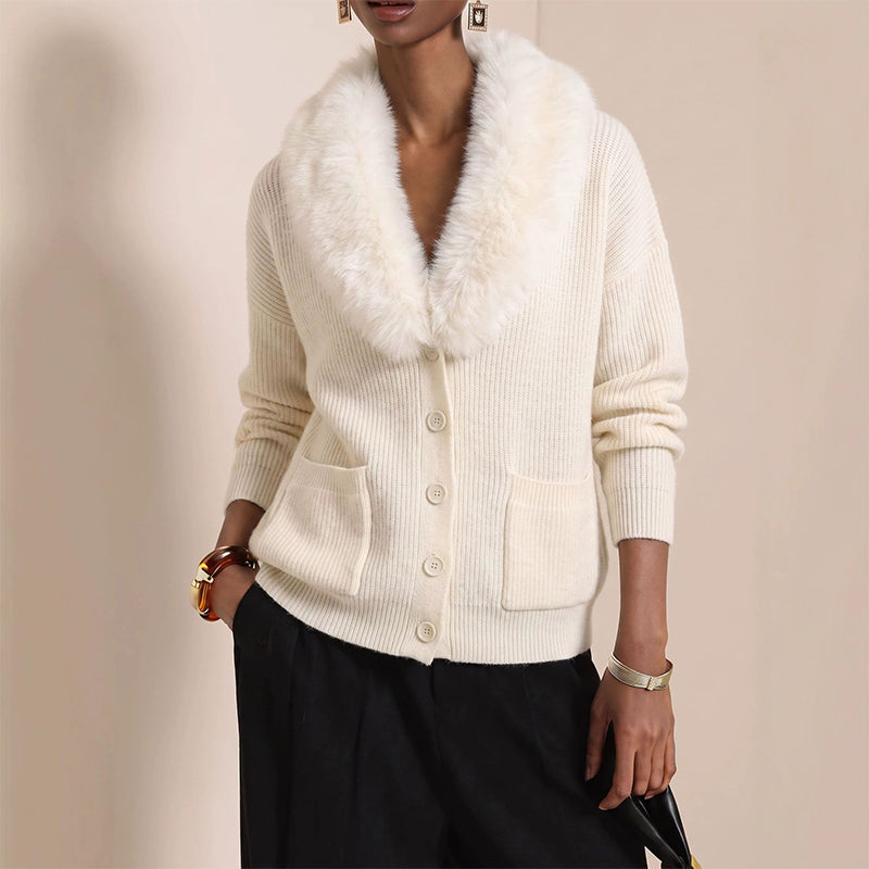 Damen Strickcardigan mit Pelzkragen