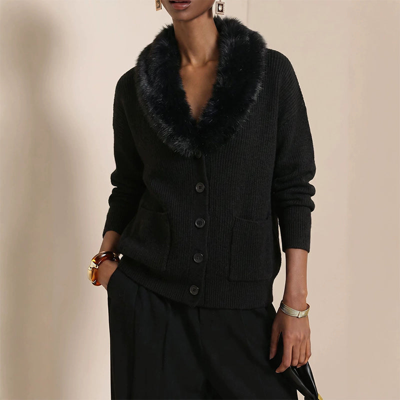 Damen Strickcardigan mit Pelzkragen