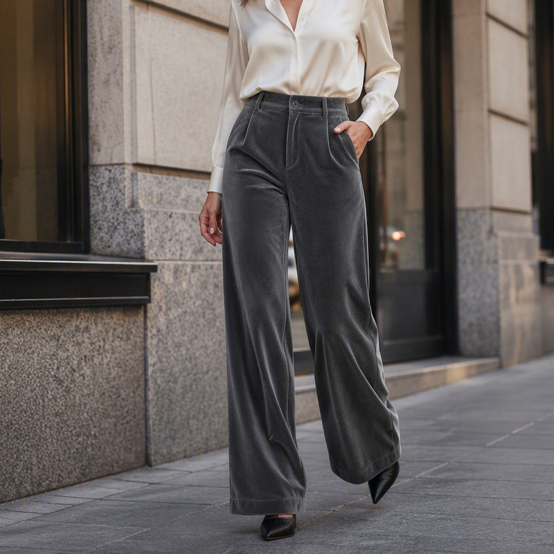 Samt-Hochbund-Hosen mit weitem Bein für Damen