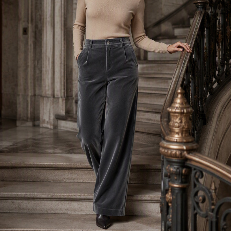 Samt-Hochbund-Hosen mit weitem Bein für Damen