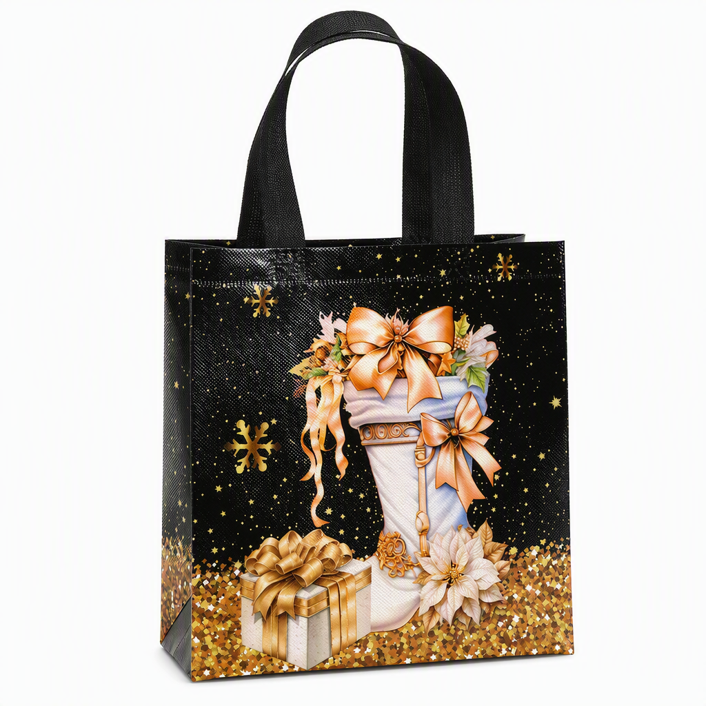 🎁Schwarze Weihnachts-Geschenktragetasche aus Vliesstoff, Geschenkverpackungstasche für Feiertage, 23x22x11 cm