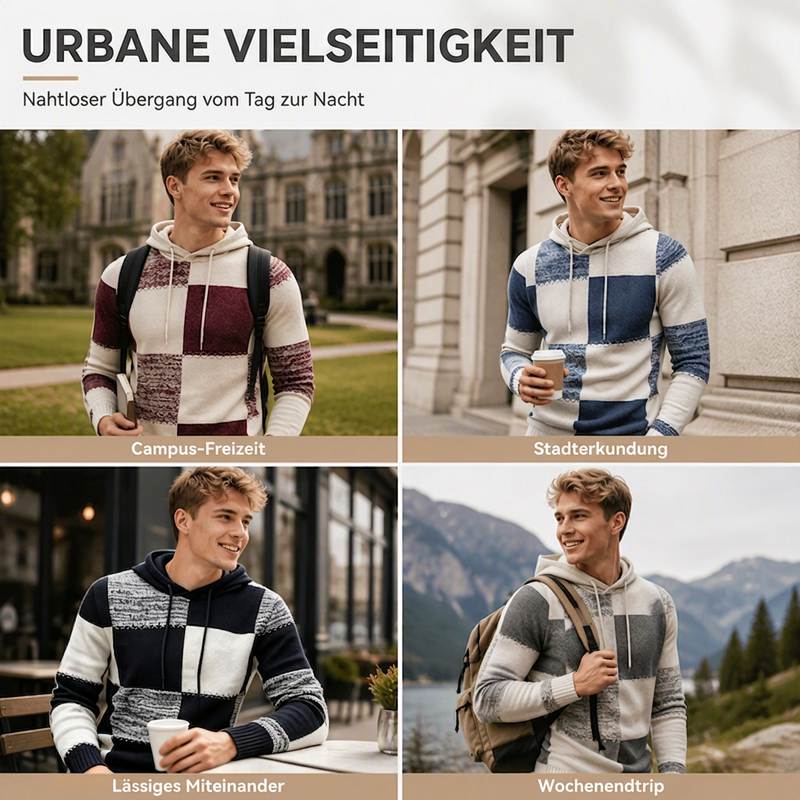 Herren-Casual-Kapuzenstrickpullover mit karierten Patchwork-Elementen