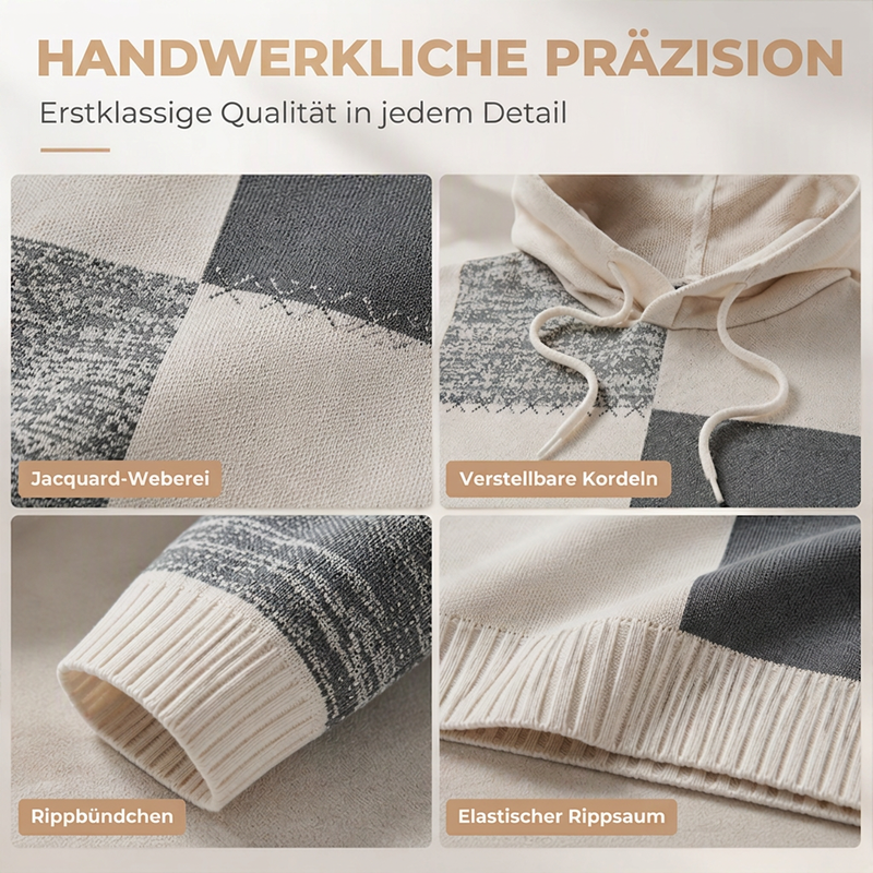 Herren-Casual-Kapuzenstrickpullover mit karierten Patchwork-Elementen