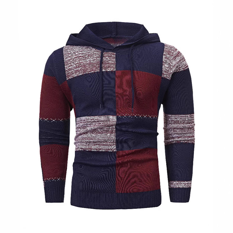 Herren-Casual-Kapuzenstrickpullover mit karierten Patchwork-Elementen