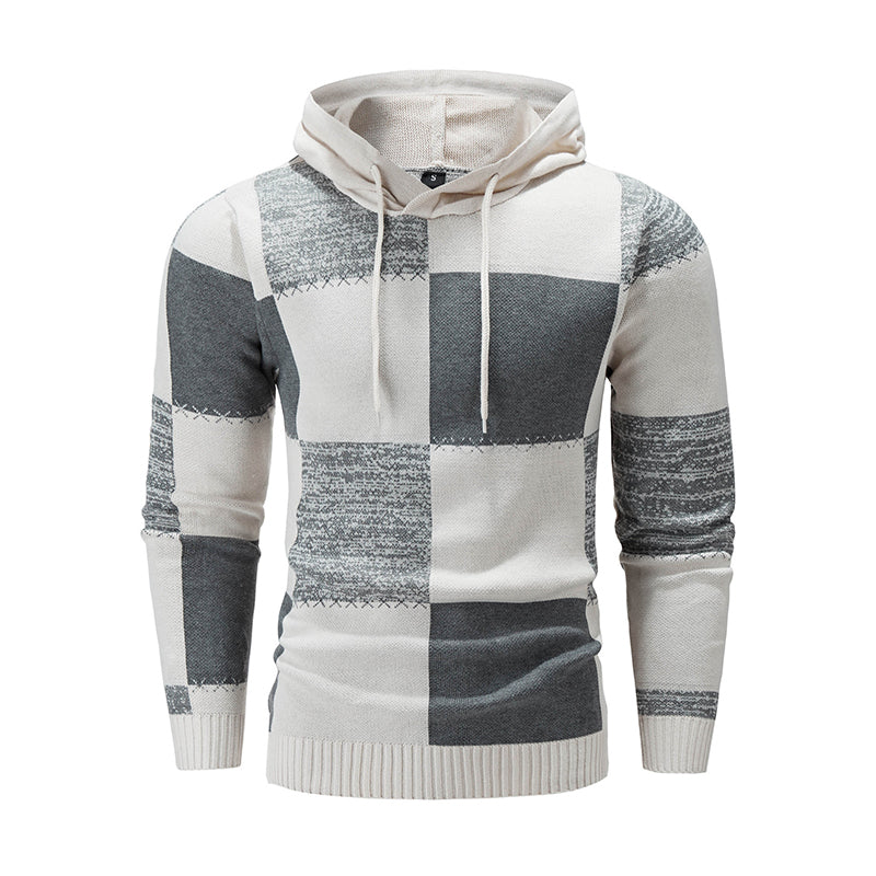 Herren-Casual-Kapuzenstrickpullover mit karierten Patchwork-Elementen
