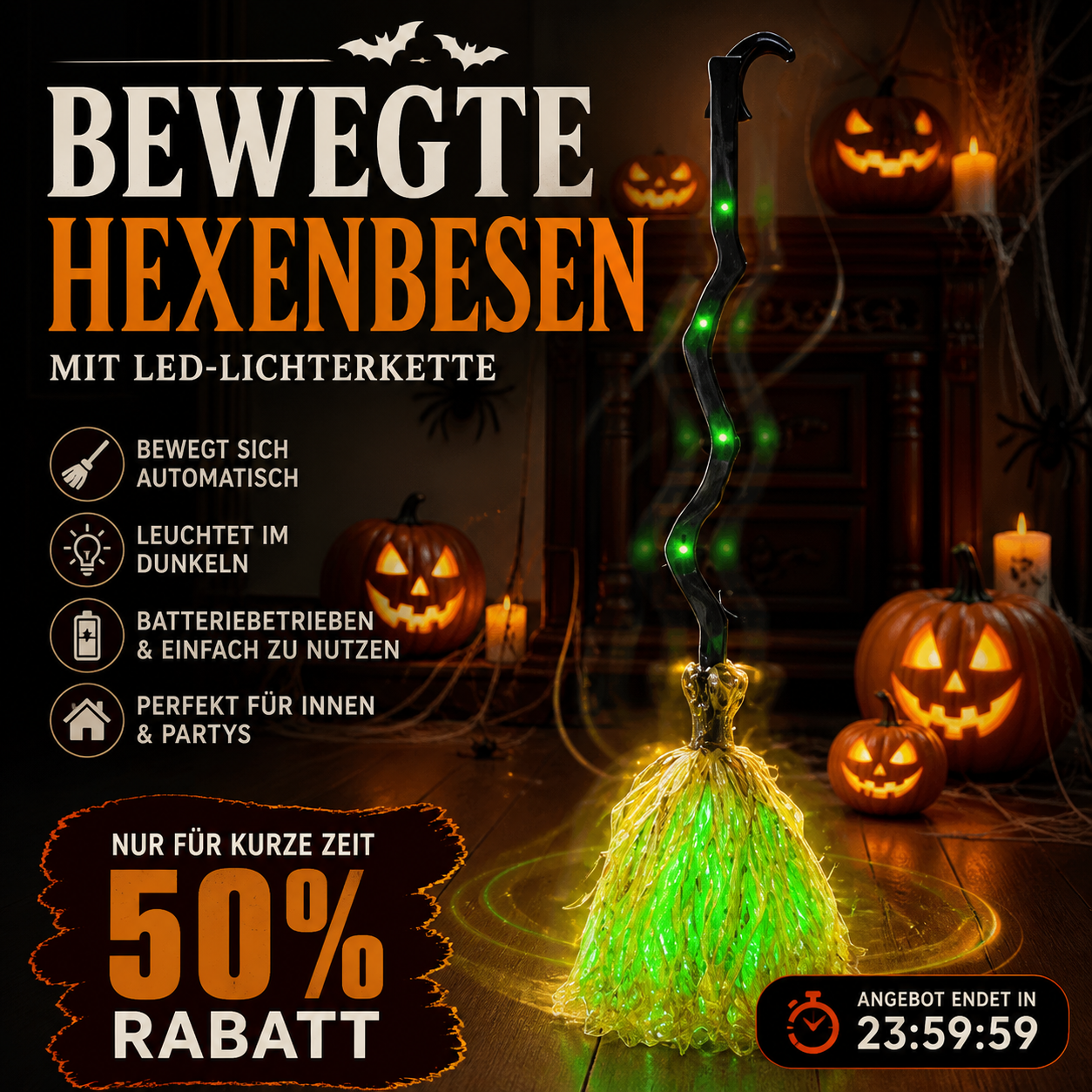 ⏳ Begrenzter Zeit: 50 % Rabatt ⏰ Animierte Hexenbesen Halloween-Dekoration mit Licht und Sound 🧙